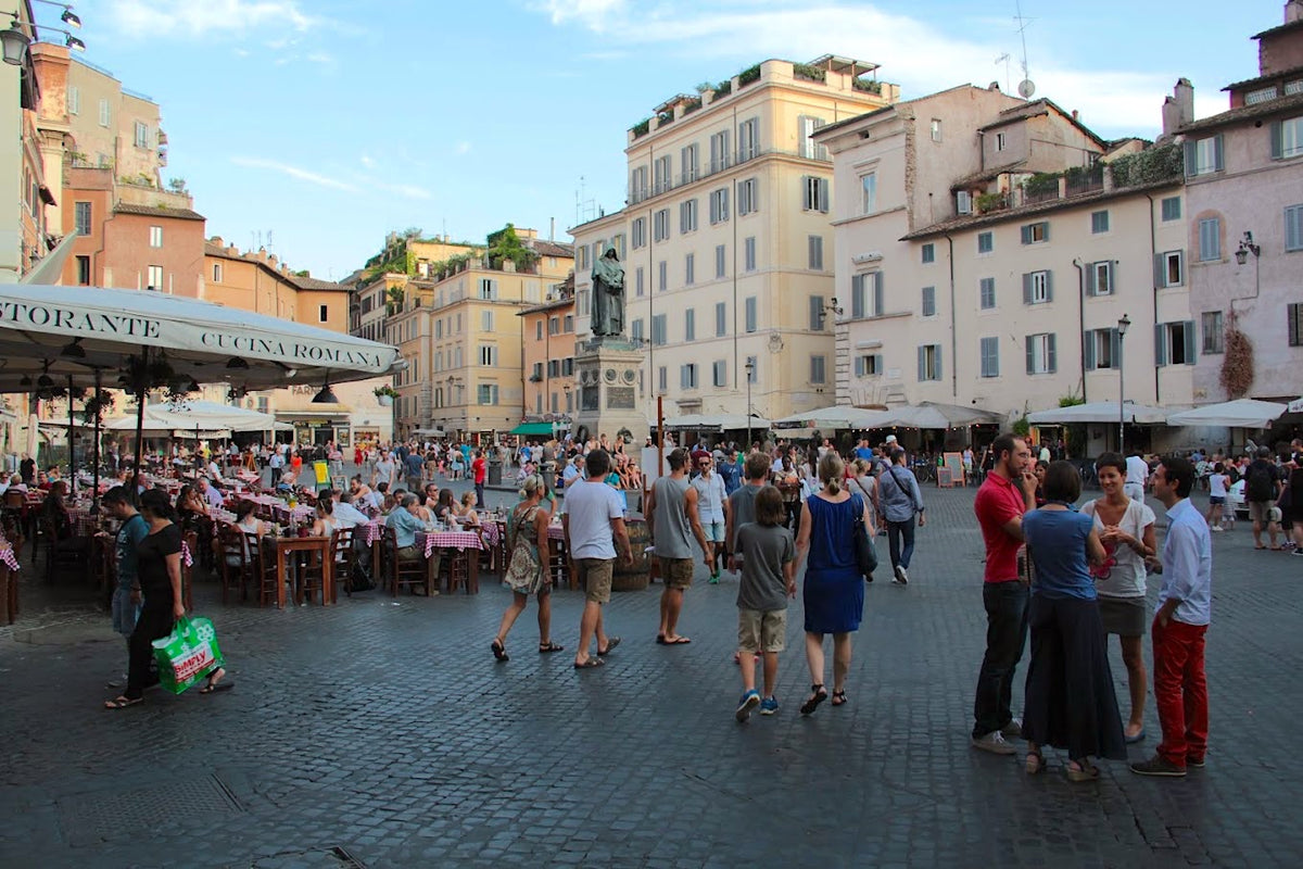 Campo de' Fiori in Rome with food stalls and restaurants