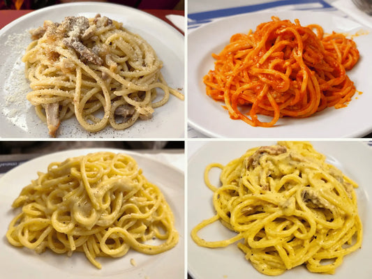 Four traditional Roman pasta dishes including carbonara, amatriciana, cacio e pepe and gricia