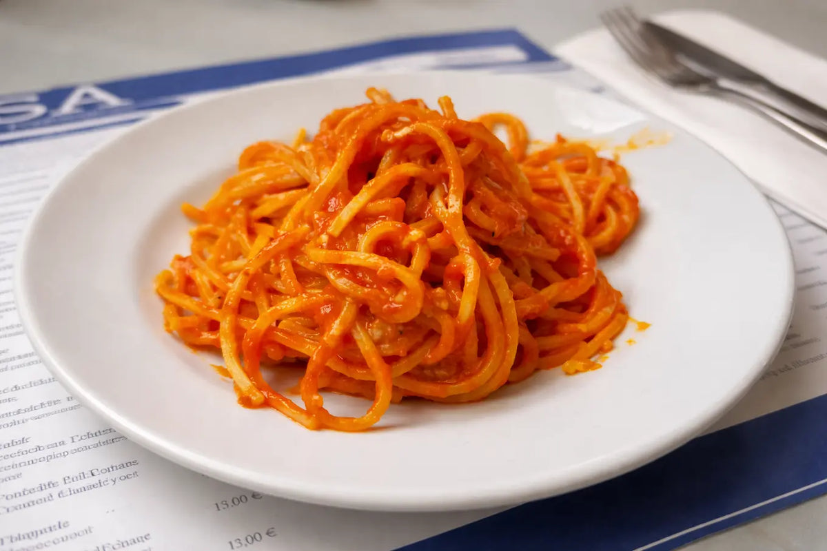 Traditional Roman amatriciana pasta served in Rome