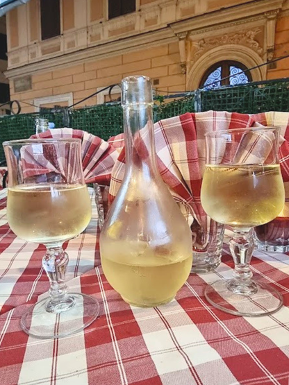 Local white wine served at a traditional Roman fraschetta