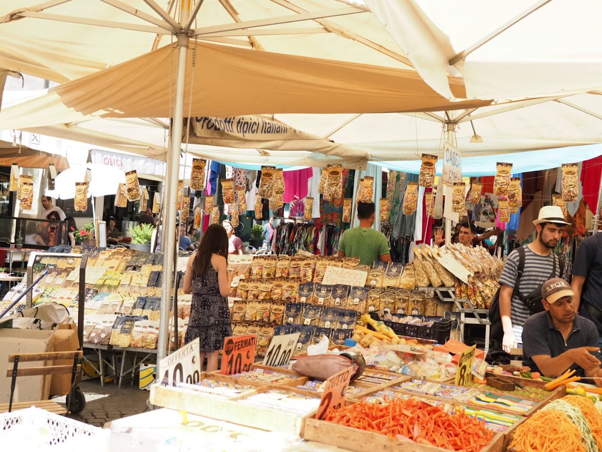 Food stalls at Campo de' Fiori market in Rome
